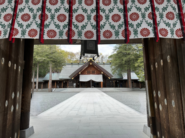 The entrance to Hokkaido Shrine in Sapporo, surrounded by wooden planks