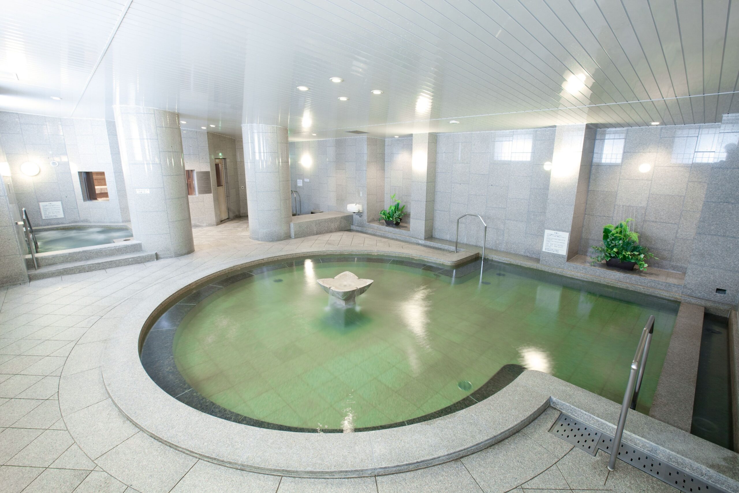 A large public onsen with teal spring water, offered in Hotel Mystays Premiere Hotel in Sapporo, Japan. There is a small fountain resembling a flower in the middle of the pool, and some groomed plants as decor in the room.
