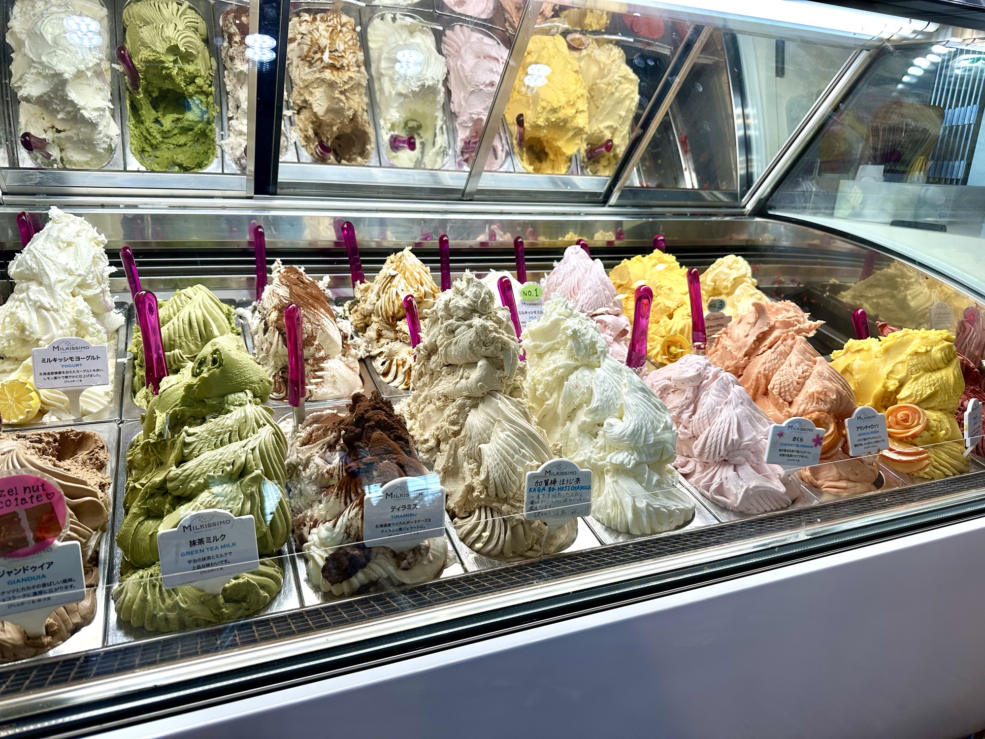 All the different gelato flavors at Gelato Milkissimo, a gelato store in Goryokaku that serves the popular italian dessert with milk from Hakodate.