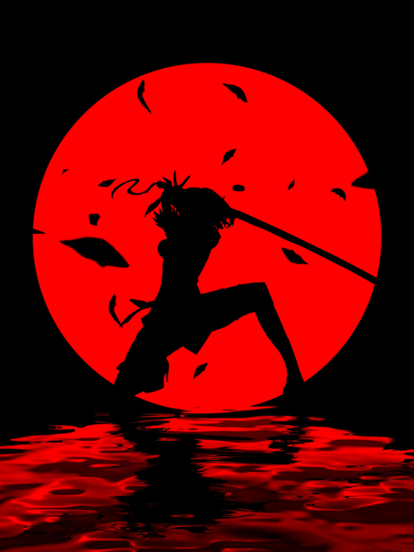 A dramatic silhouette of a samurai kneeling with a katana against a bold red moon with falling leaves, creating an intense atmosphere reminiscent of Samurai Restaurant Time in Tokyo. The red reflection on the water enhances the traditional and mysterious ambiance associated with the restaurant's unique, immersive dining experience.