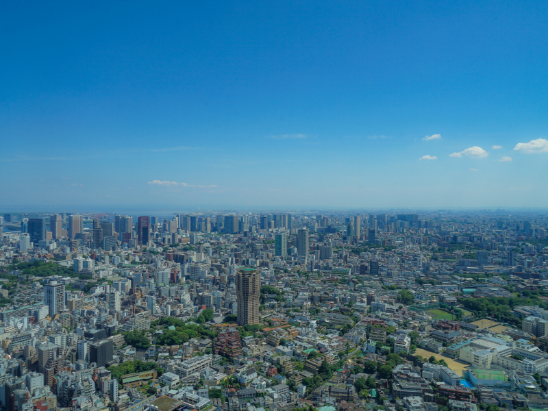 Panoramic city view from the Roppongi Hills Observation Deck during the day, showcasing Tokyo's skyline with tall buildings, streets, and clear blue skies.