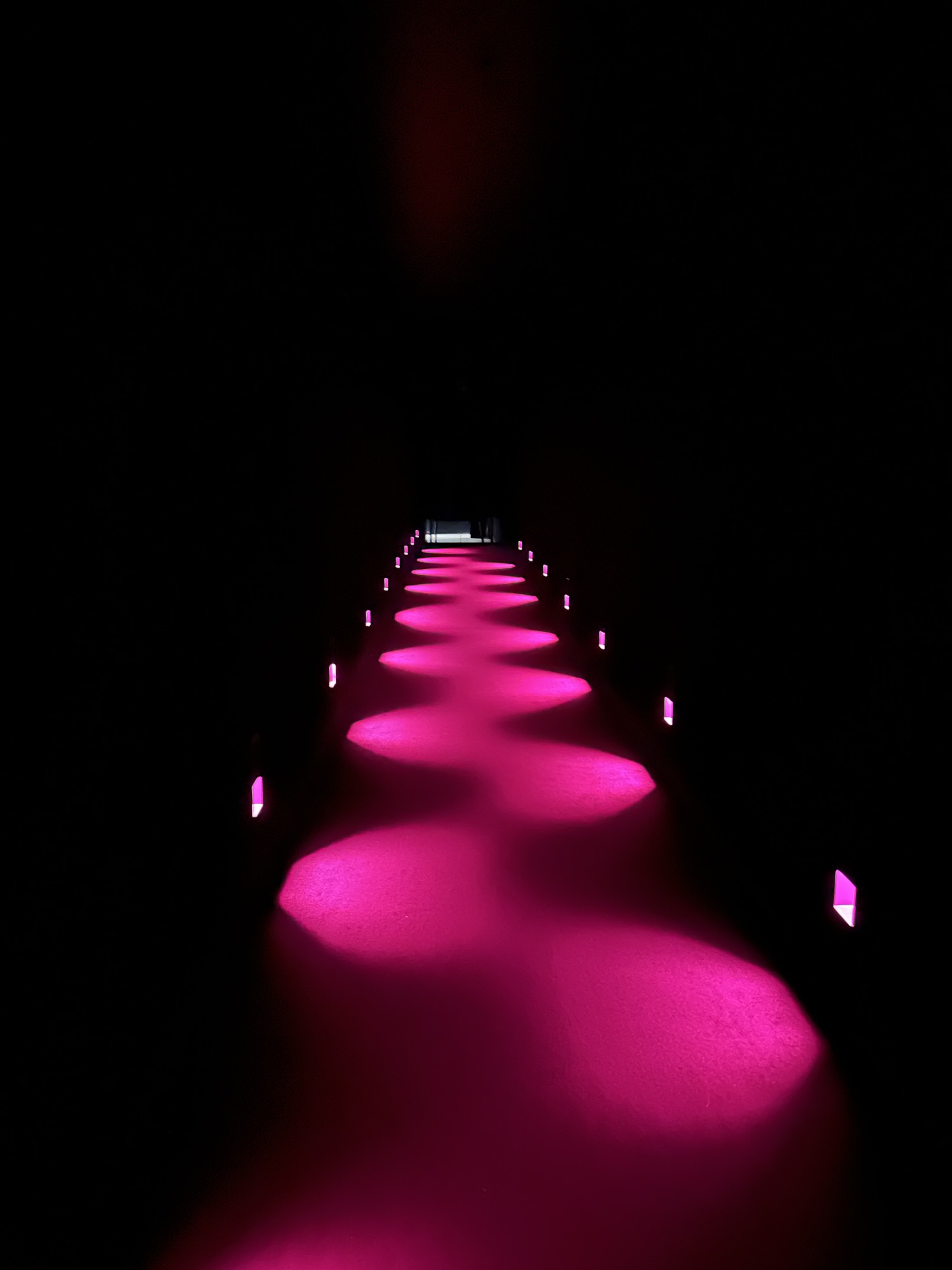 The entrance leading to one of the rooms in Teamlab Planets. The room is dark, with a bright pink light showing a path to the room.
