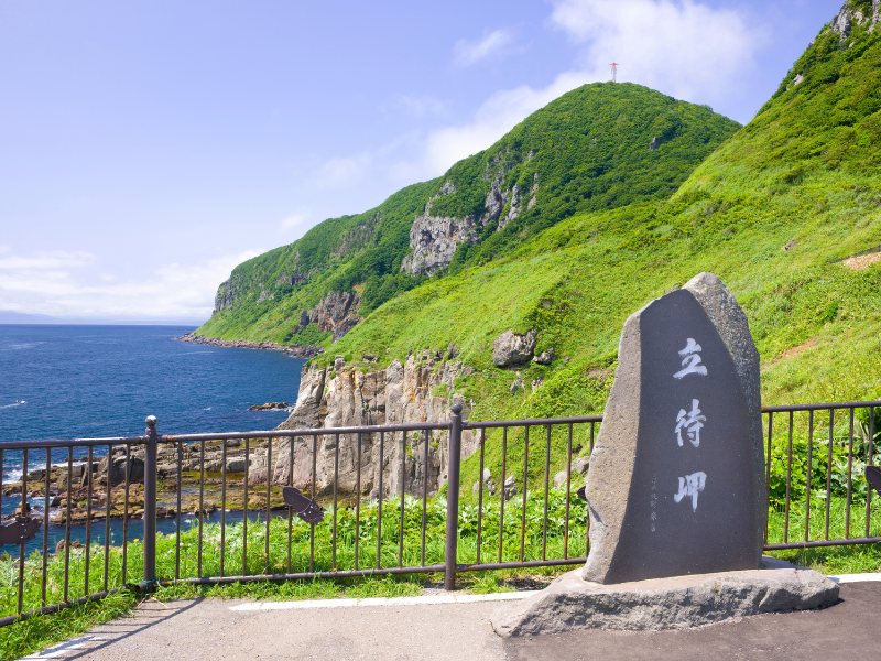 The scenic view from Cape Tachimachi in Hakodate, Hokkaido. There is a clear view of the Tsugaru Strait, and lush green cliffs during a sunny day.