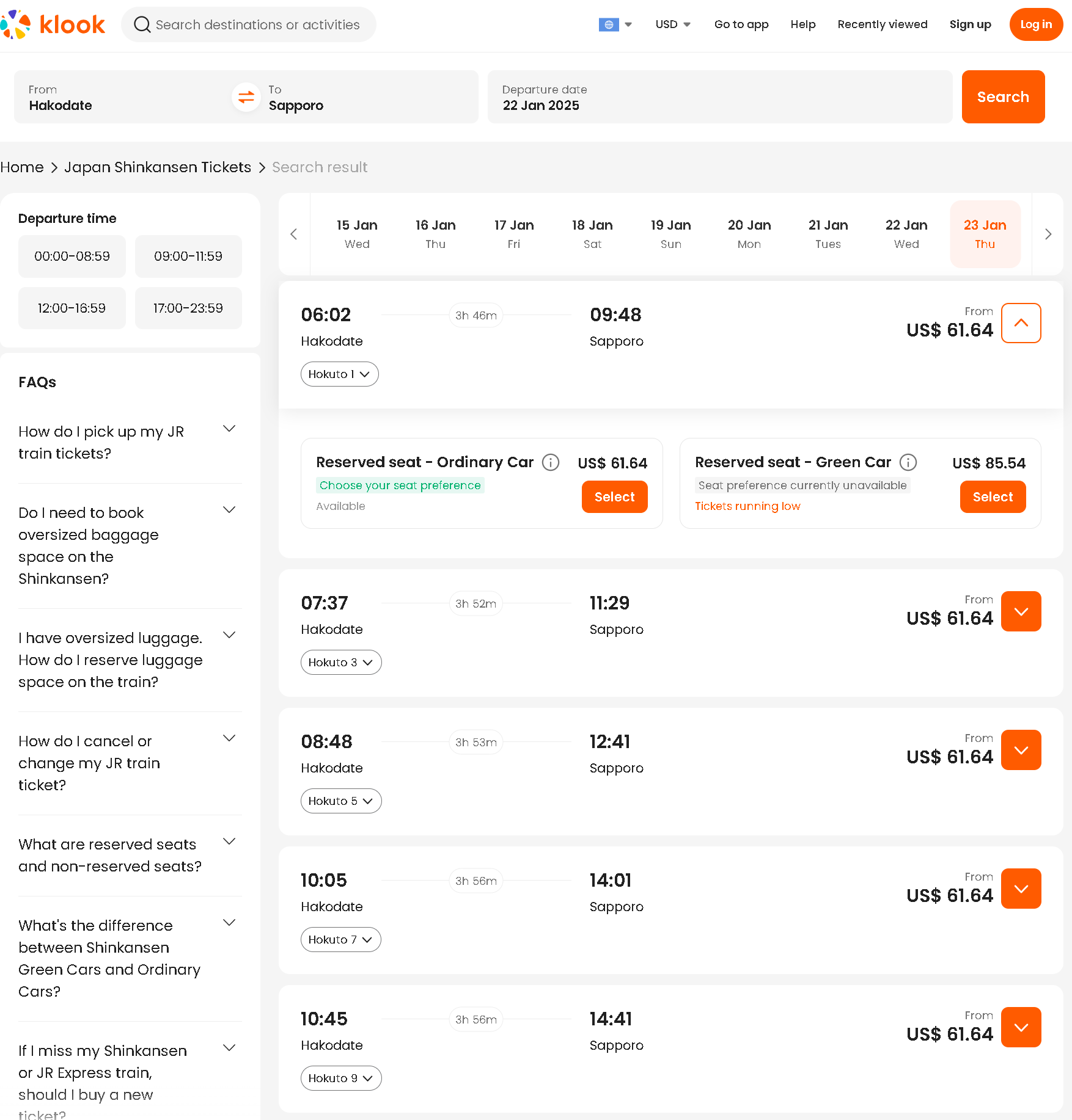 A sample of the available train times for Hakodate to Sapporo via Klook.