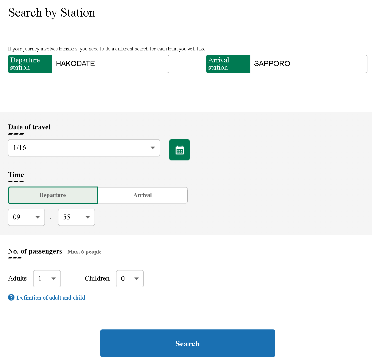 A sample image of searching for the Limited Express Hokuto Train to get from Hakodate to Sapporo on JR East.