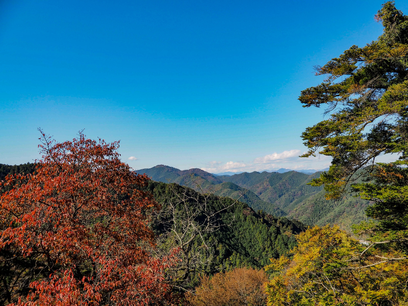 The view from Mount Takao on a clear sunny day. Numerous mountains are seen in the background, with vibrant red and orange autumn foliage.