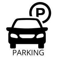Black icon of a car with a parking symbol, labeled "Parking," indicating parking is available.