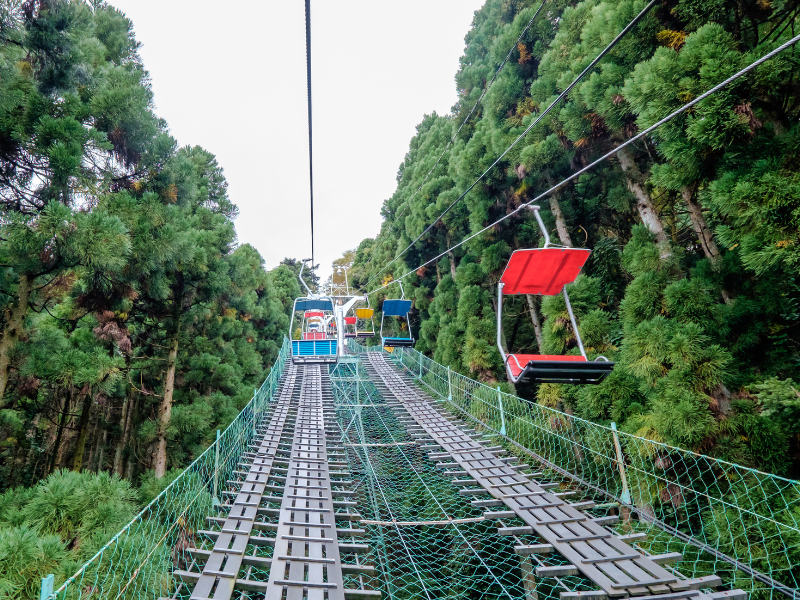The bright red chair lift to Mount Takao, a scenic and spiritual mountain that is an easy day trip from Tokyo by train.