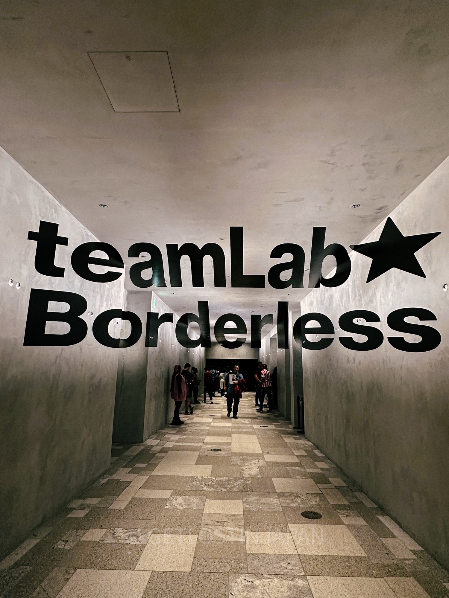 The entrance to Teamlab Museum in Azabudai Hills. The words "TeamLab Borderless" are painted on the walls in large text, with a black star.