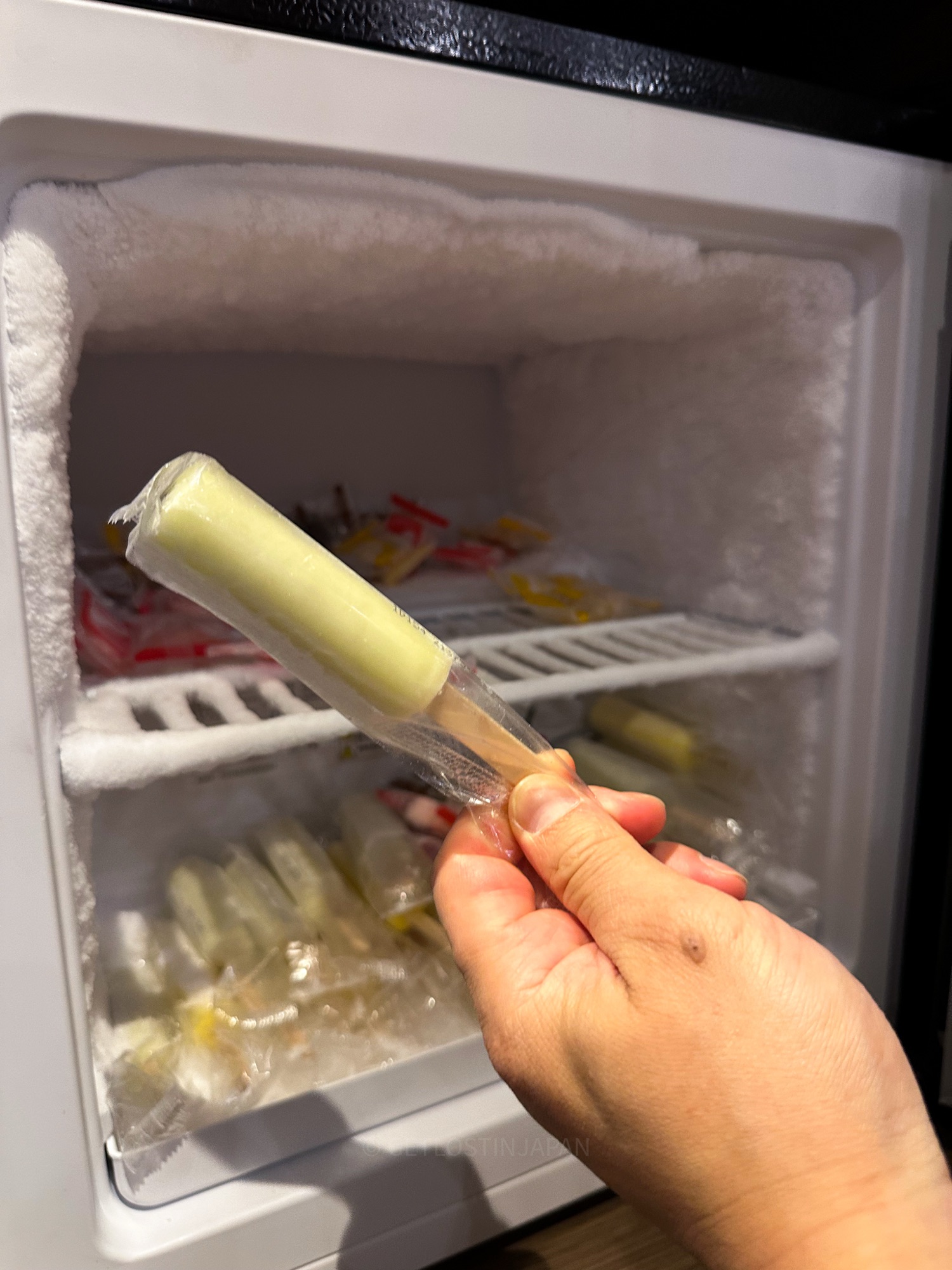 Complimentary ice cream bar with various popsicle flavors inside Saka Hotel Kyoto's freezer