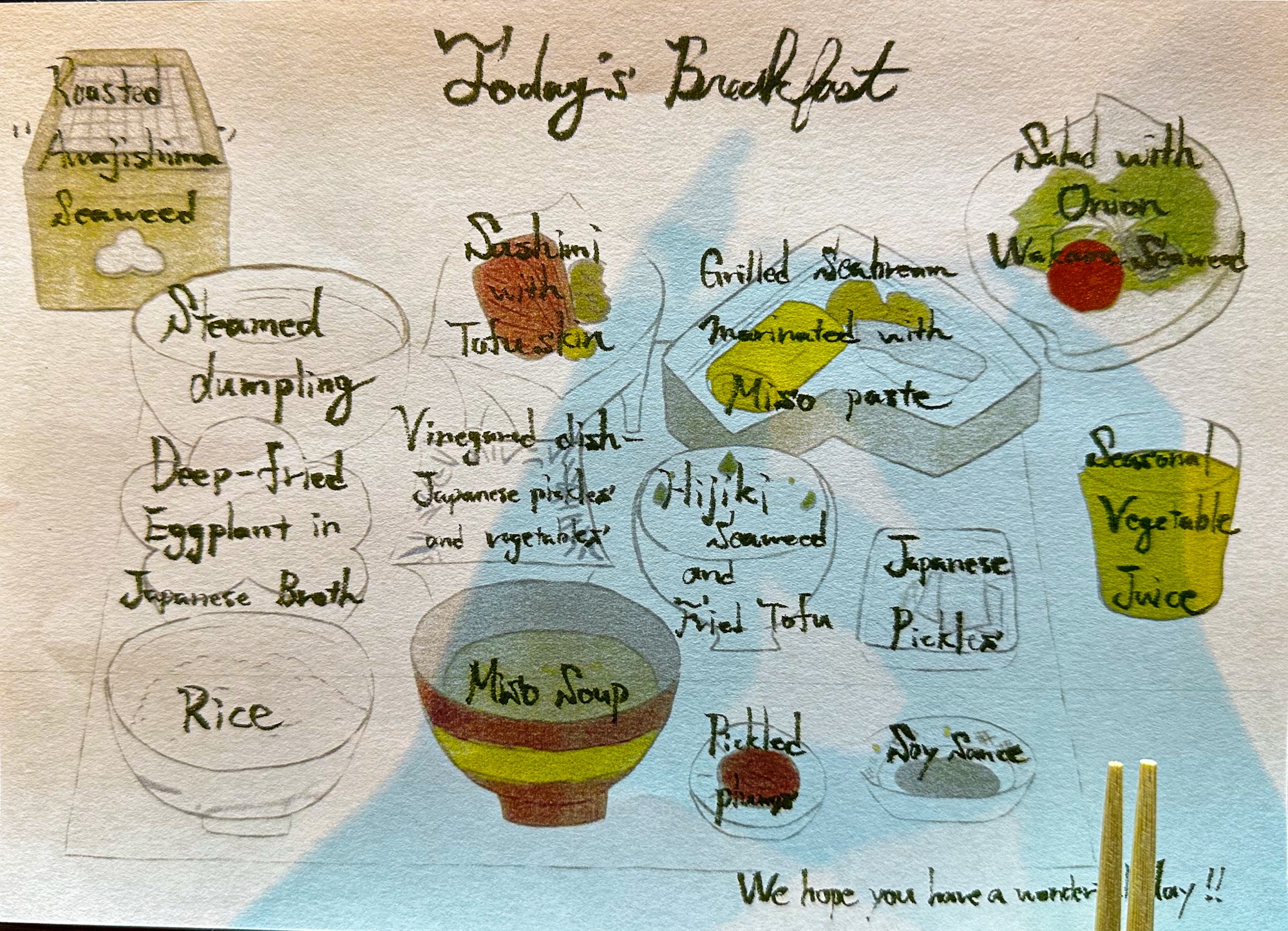 Illustrated Japanese breakfast menu in English at Saka Hotel Kyoto featuring sashimi, miso soup, and more