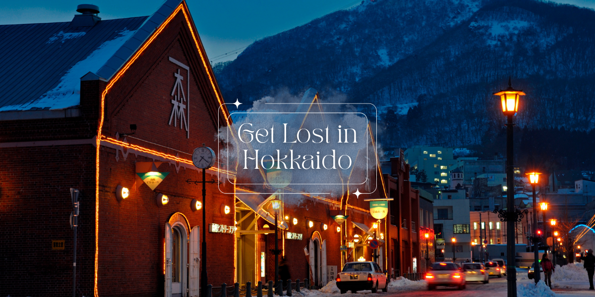 The Kanemori Red Brick Buildings in Hakodate, Hokkaido at night with snow on the ground