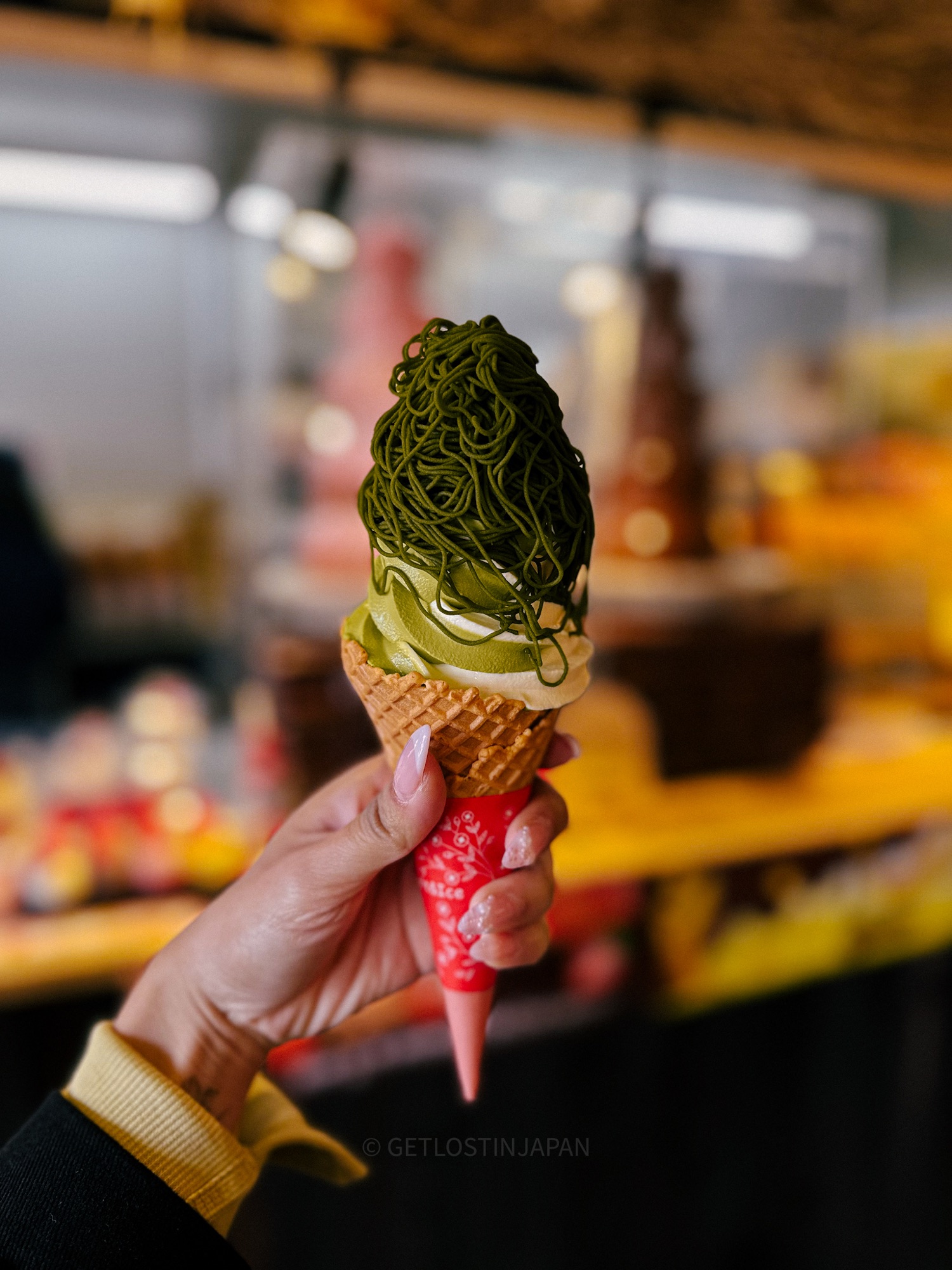 Matcha Mont Blanc ice cream cone from Arashiyama, a unique and tasty treat to include on your Arashiyama itinerary.