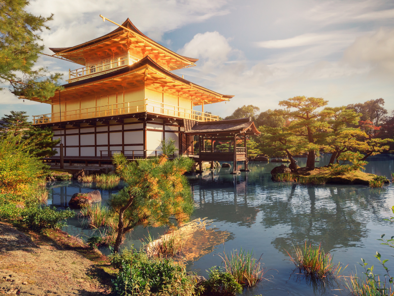 The shimmering Kinkaku-ji Temple (Golden Pavilion) reflected in a tranquil pond, a must-see when exploring fun things to do in Kyoto.