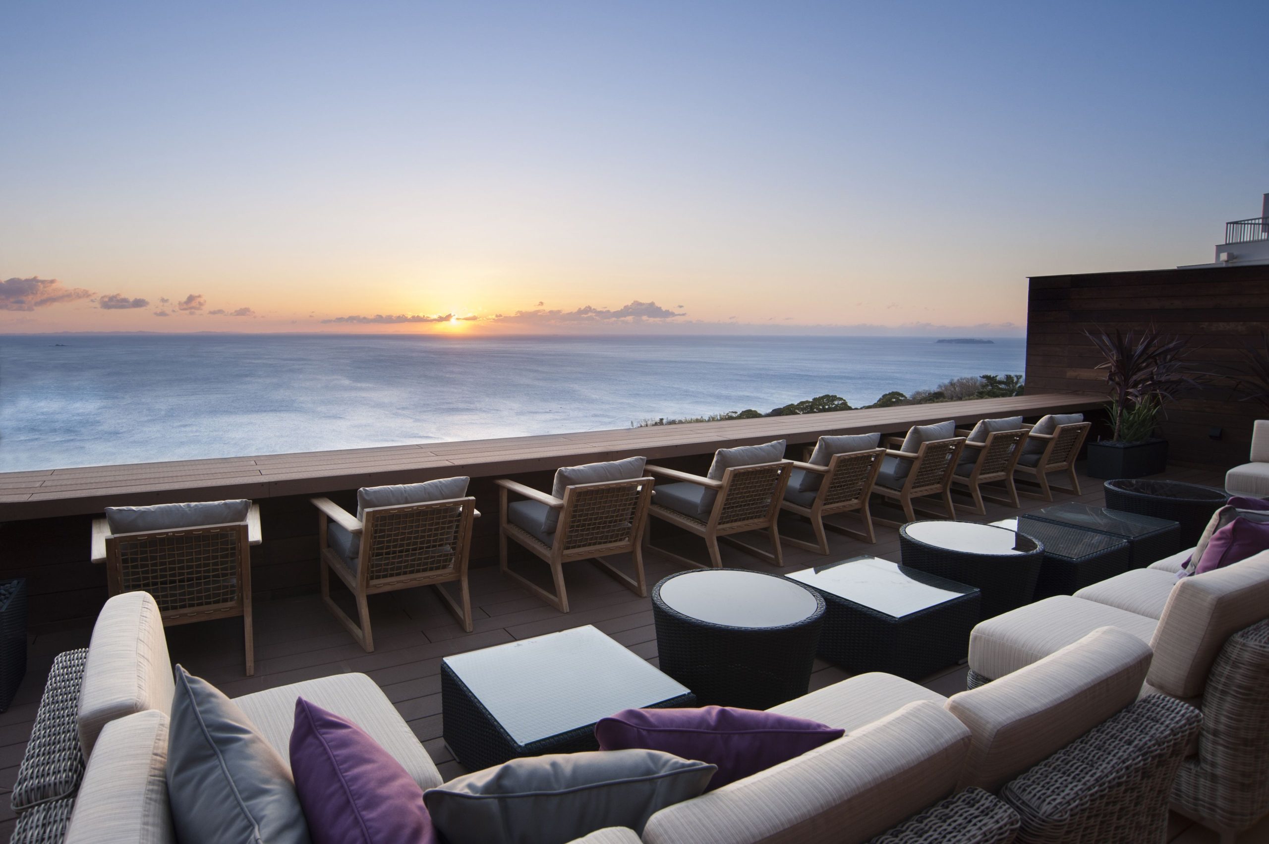 Oceanfront terrace at Atami SEKAIE, an Atami ryokan offering panoramic sea views and a relaxing onsen stay.