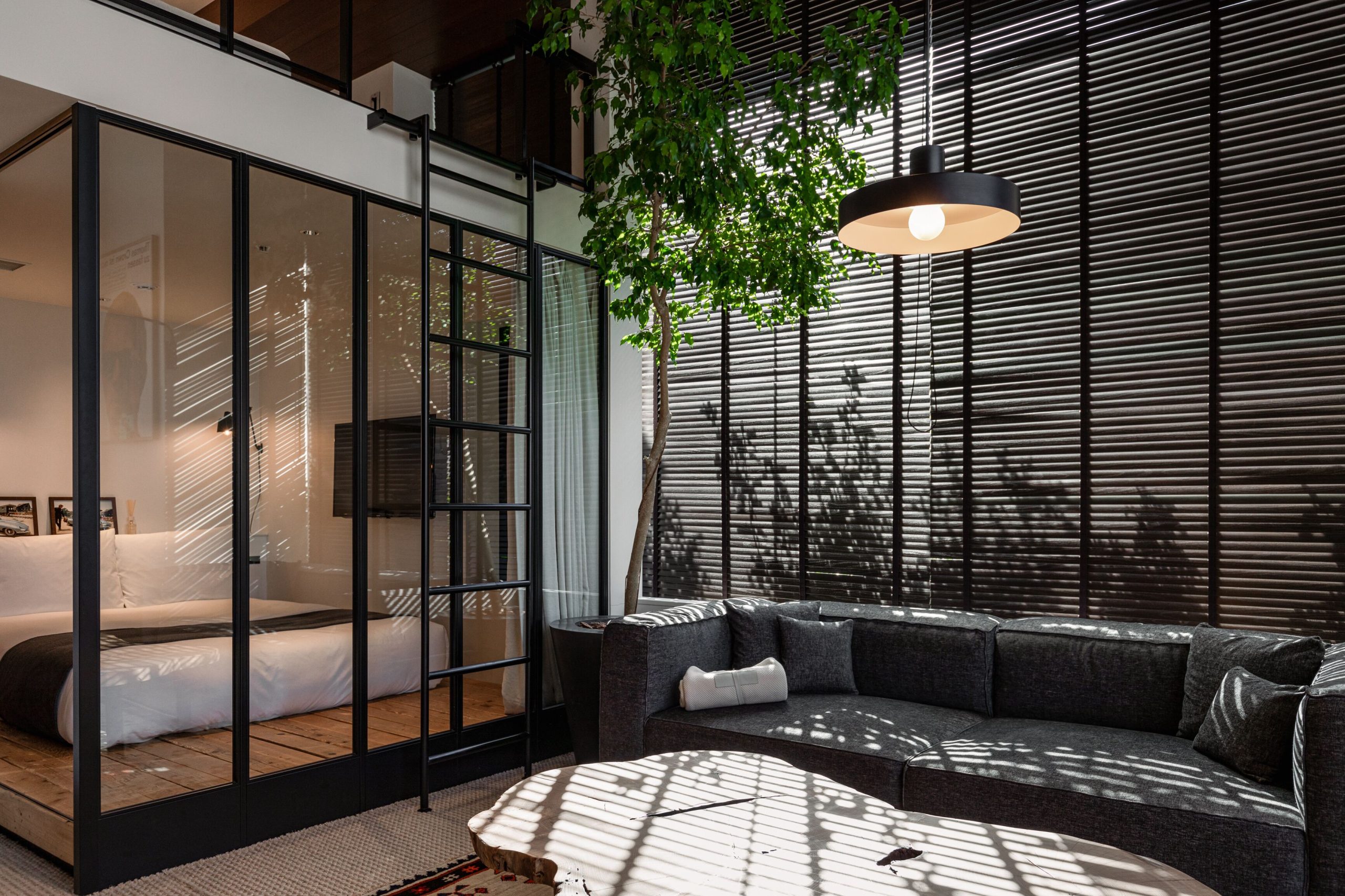 Modern suite at TRUNK Hotel Cat Street featuring sleek glass walls, natural light, and lush greenery creating a calm, design-forward atmosphere.