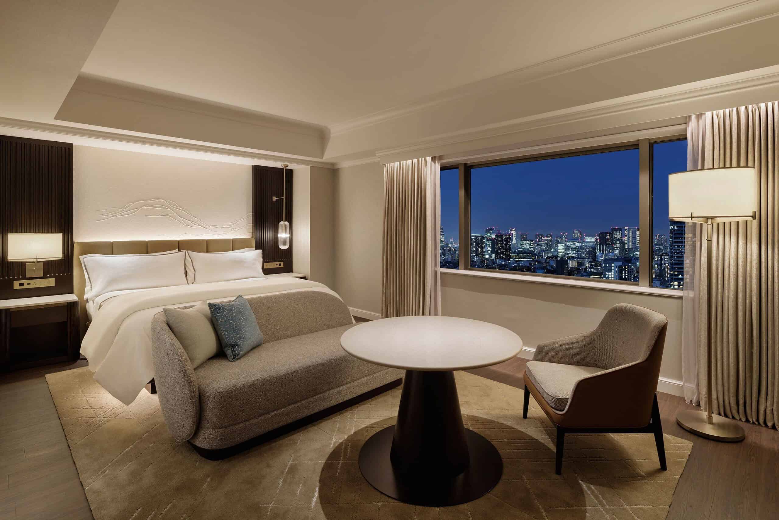 Luxurious room at The Westin Tokyo overlooking the city skyline, offering timeless comfort among the Best Places to Stay in Shibuya Tokyo.