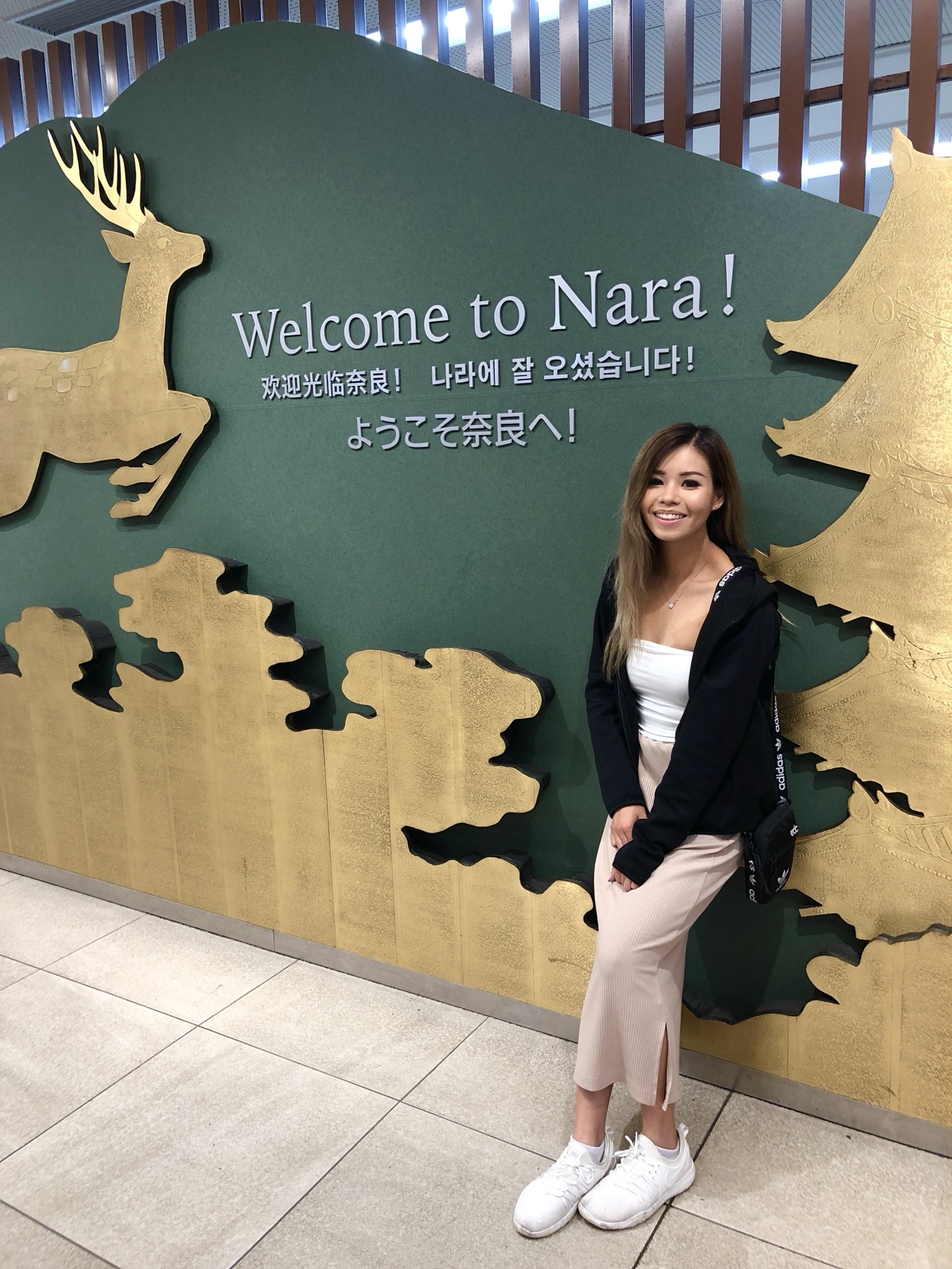 Audrey in front of the Welcome to Nara sign inside the train station with deer and temple artwork
