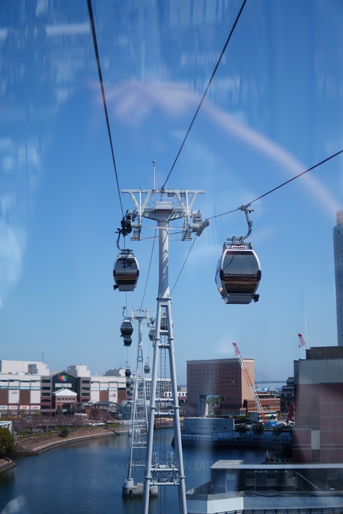 View from the Yokohama Air Cabin overlooking the waterfront and cable cars during a day trip to Yokohama from Tokyo.